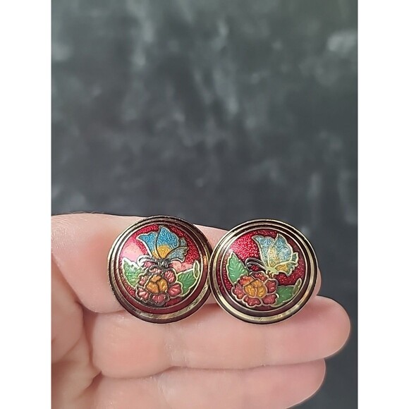 Cloisonne Enamel Butterfly And Floral Circular Shaped Clip-on Earrings Vintage - Picture 3 of 10